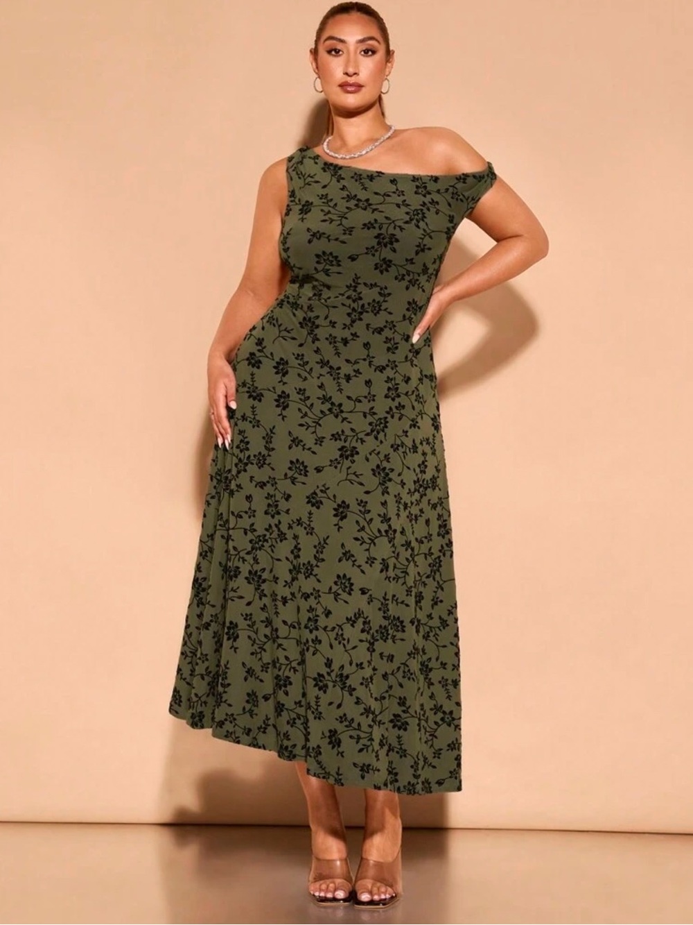 Olive Green One-Shoulder Floral Midi Dress- 4XL